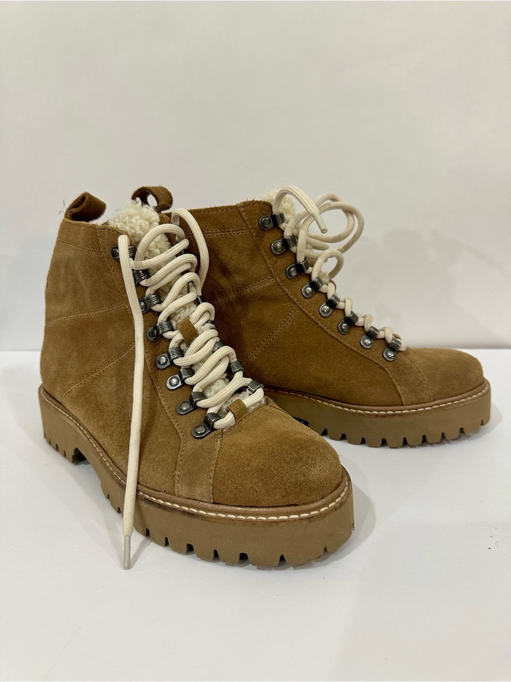 Splendid Tan Suede Lace-Up Boots with Teddy/Sherpa Tongue, Size 6.5